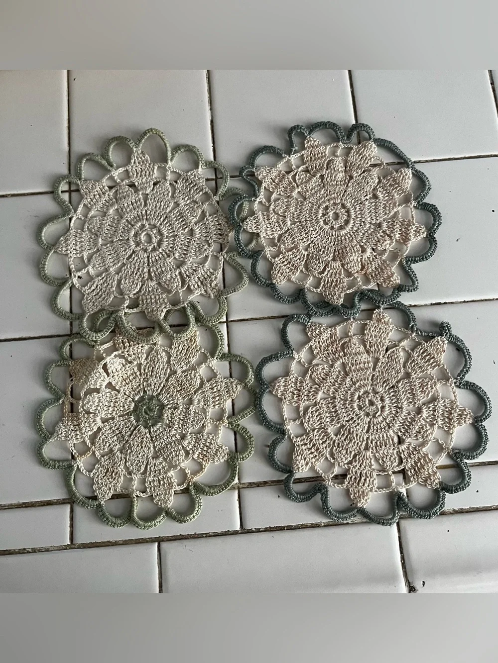 Handmade Cream and Sage Crochet Coasters - Set of 4